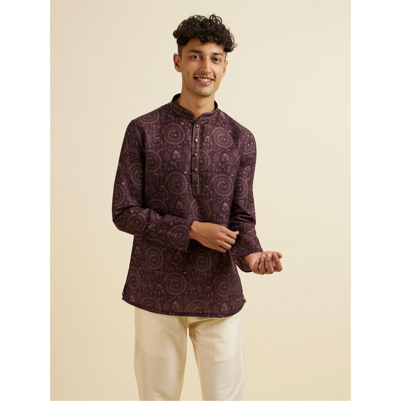 Manyavar Wine Worli Art Print Short Kurta for Men (M)
