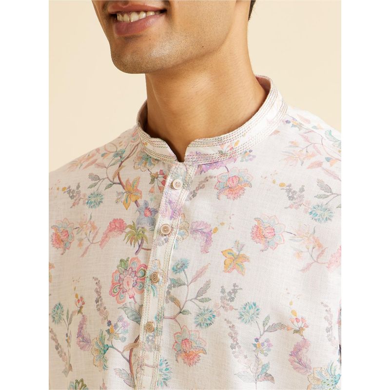 Manyavar Warm White Floral Print Short Kurta for Men (XL)