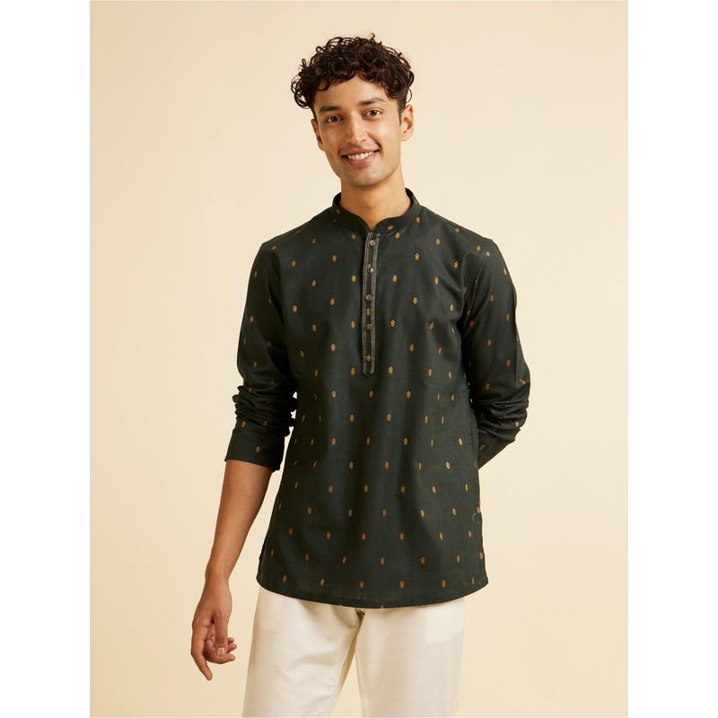 Manyavar Dark Green Buta Patterned Short Kurta for Men (M)