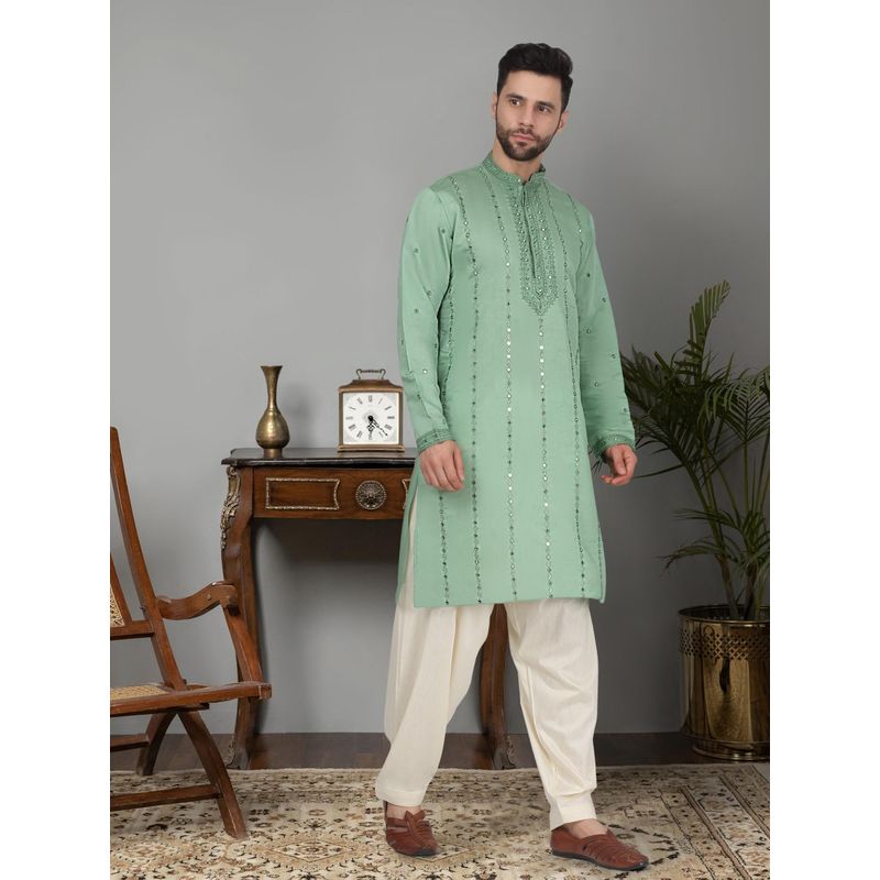 KRAFT INDIA LUXE Men'S Sea Green Cotton Silk Mirror Worked Kurta (42)