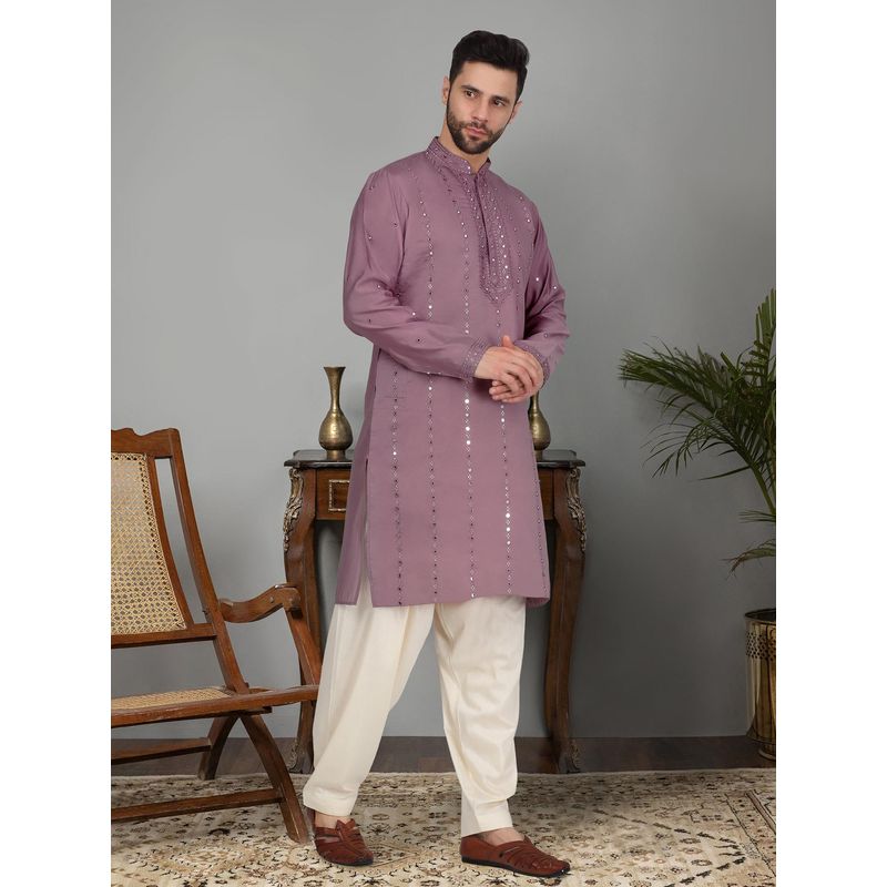 KRAFT INDIA LUXE Men'S Purple Cotton Silk Mirror Worked Kurta (40)
