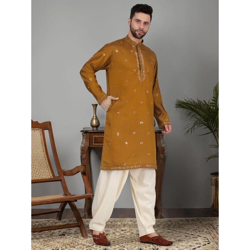 KRAFT INDIA LUXE Men'S Yellow Cotton Silk Sequin Worked Kurta (38)