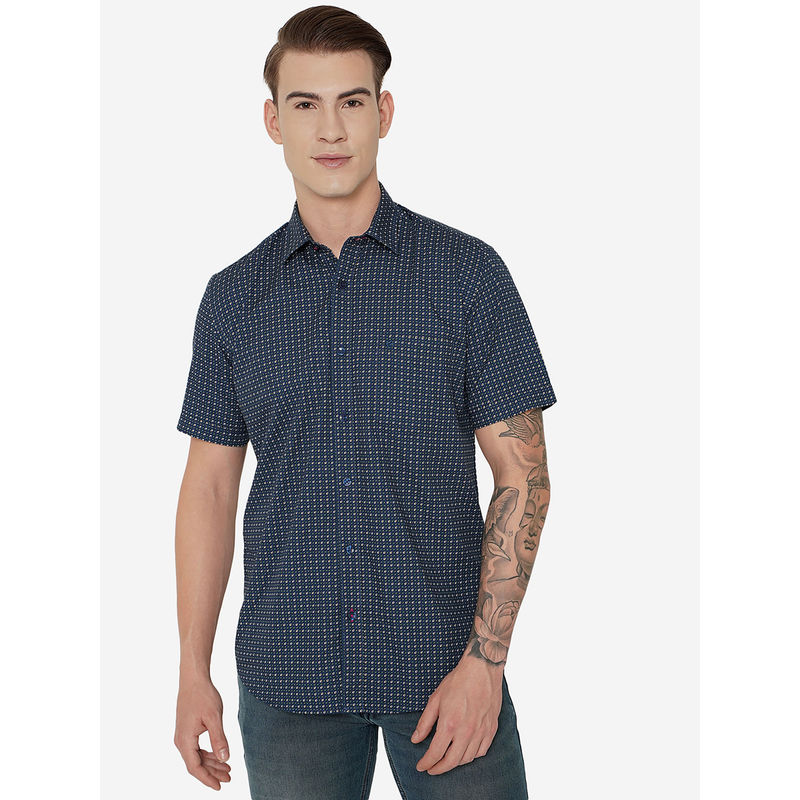 Greenfibre Mens Blue Cotton Smart Fit Printed Casual Shirt (38)