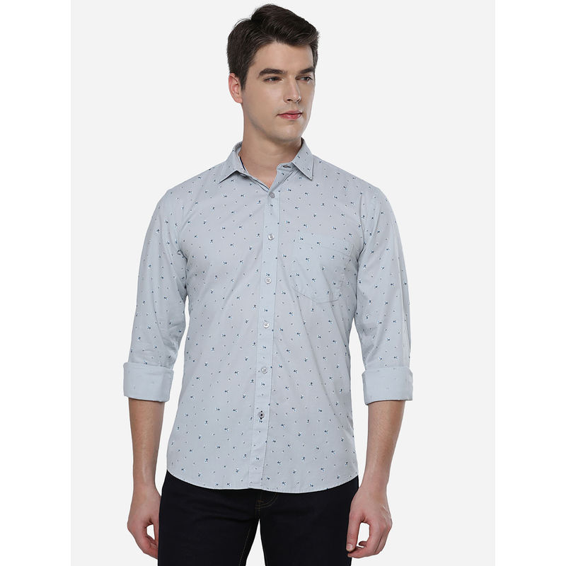 Greenfibre Mens Printed Light Grey Cotton Slim Fit Casual Shirt (39)