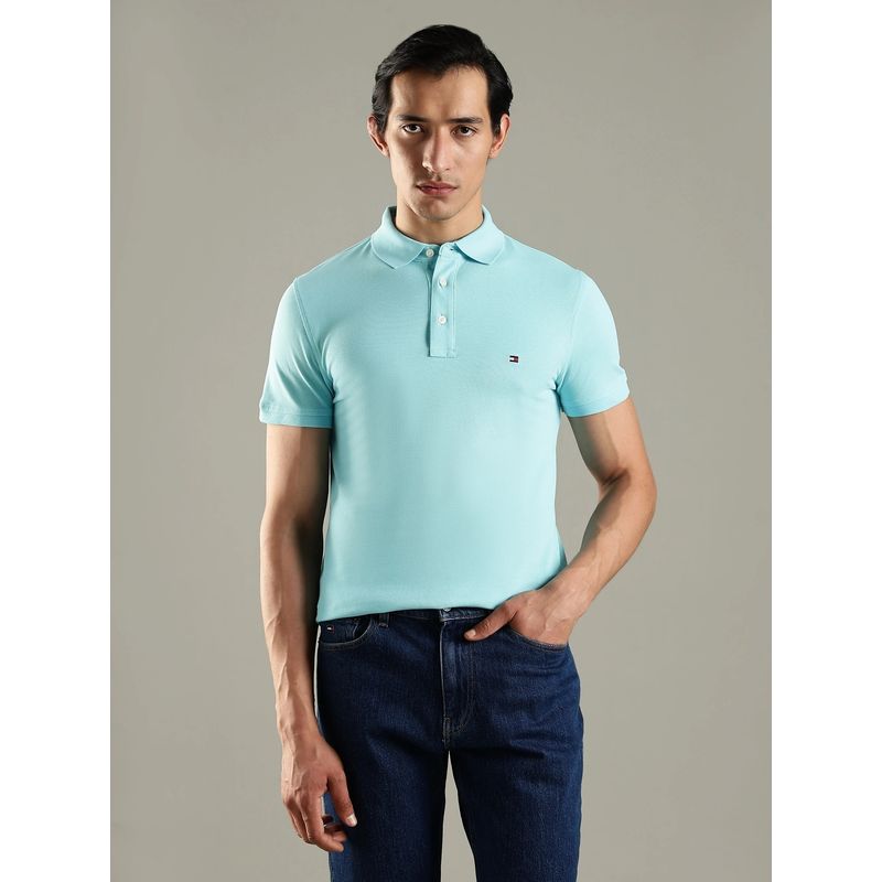 Tommy Hilfiger Men Solid Slim Fit Cotton Blue Polo T-Shirt (M)