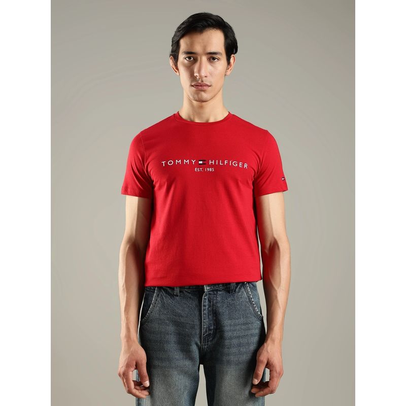 Tommy Hilfiger Men Printed Logo Slim Fit Cotton Red T-Shirt (M)