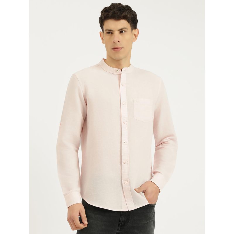 United Colors of Benetton Men Light Pink Solid Regular Fit Mandarin Collar Shirt (S)
