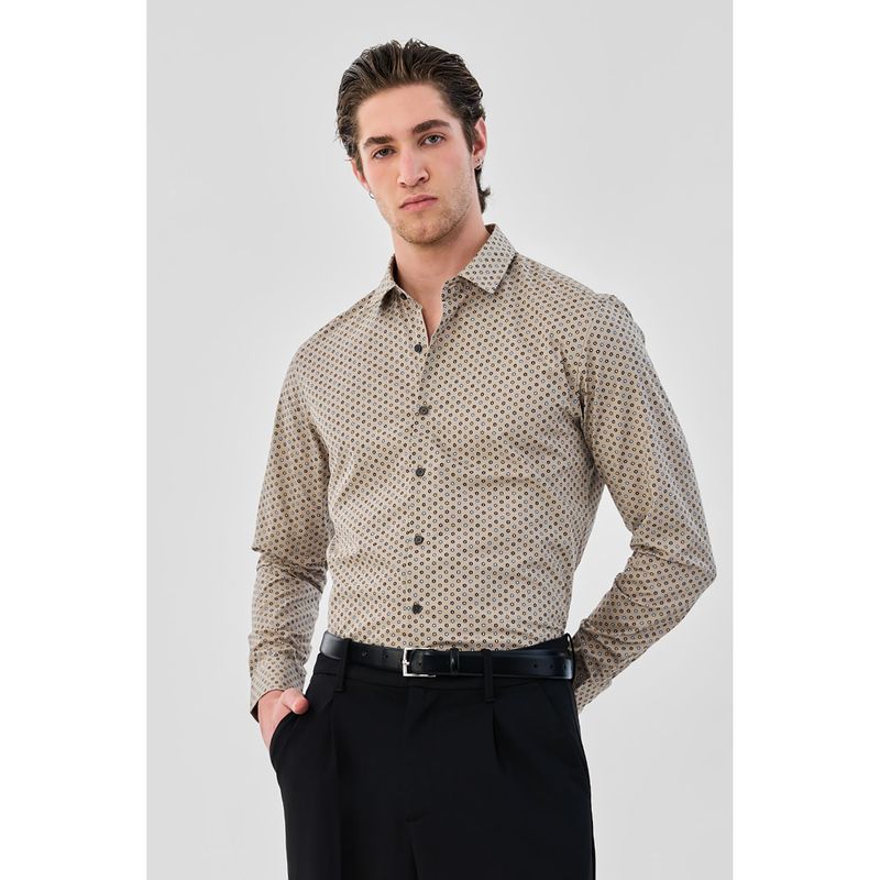 Snitch Men Beige Printed Full Sleeves Slim Semi Formal Shirt (S)