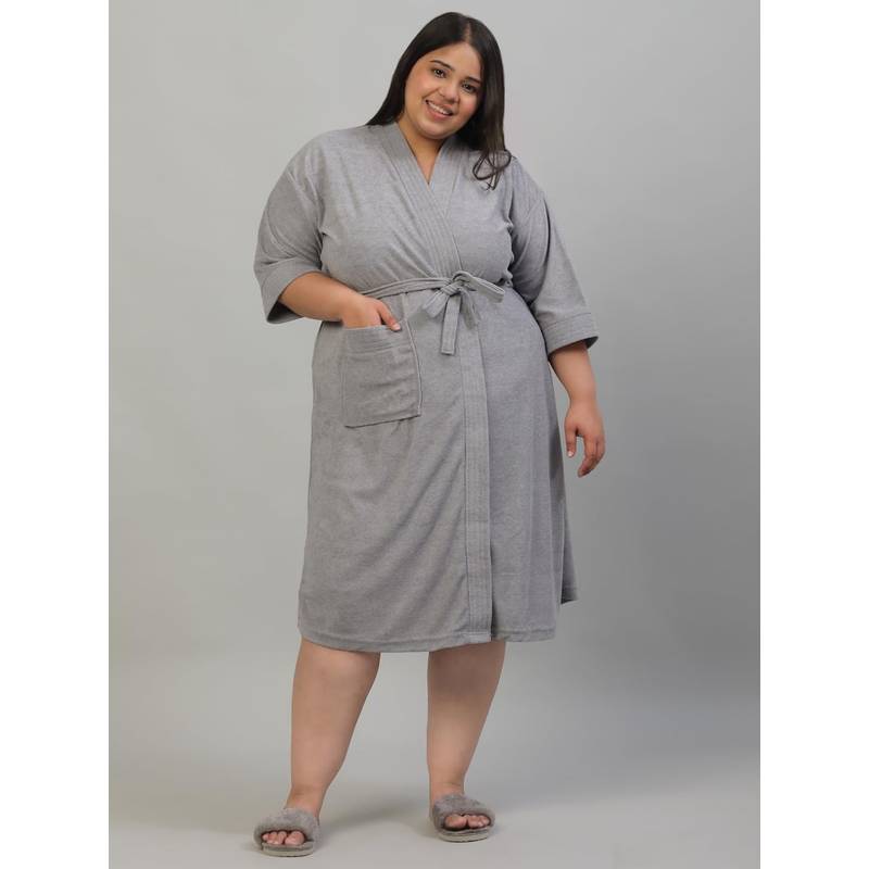Creeva Plus Size Micro Terry Bathrobe Soft and Elegant -Grey (XL)