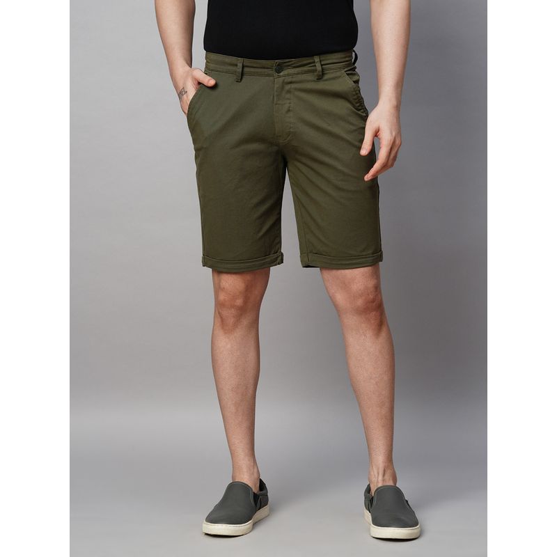 GENIPS Men's Green Cotton Lycra Slim Fit Shorts (30)