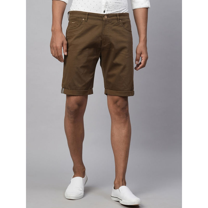 GENIPS Men's Dark Khaki Cotton Lycra Slim Fit Shorts (34)