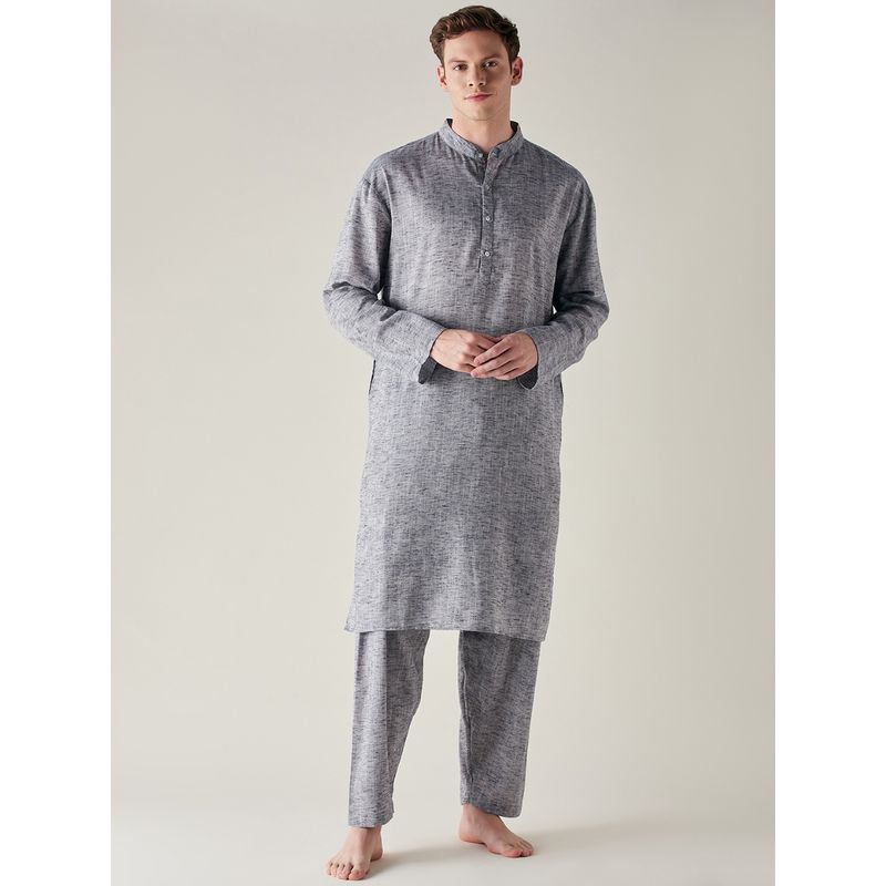 The Kaftan Company Grey Slub Cotton Pathani Kurta & Pyjama Blue (Set of 2) (S)