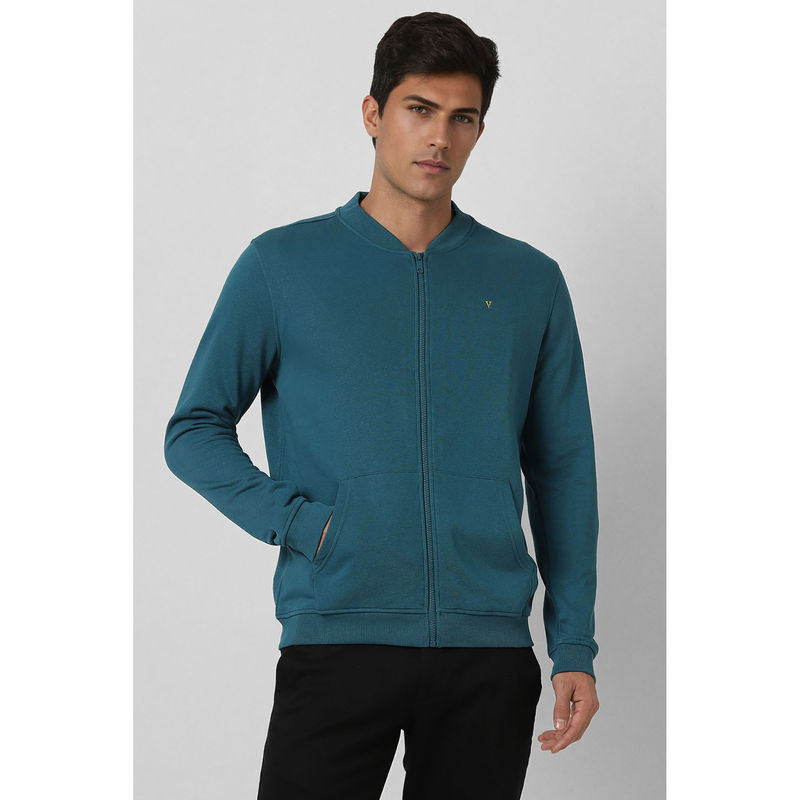 Van Heusen Men Blue Solid Stylized Neck Sweatshirt (S)