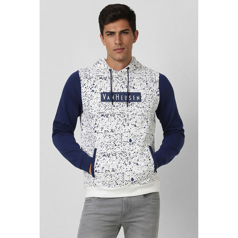 Van Heusen Men White Print Hooded Neck Hoodie (S)