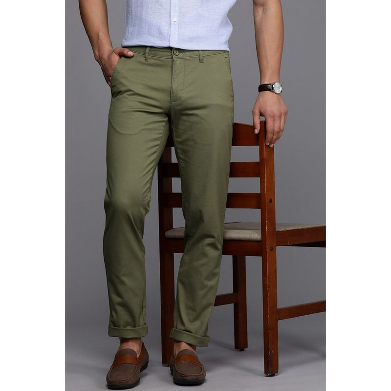 Louis Philippe Men Green Slim Fit Solid Flat Front Casual Trousers (32)