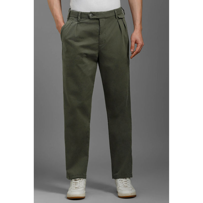 Louis Philippe Men Olive Regular Fit Solid Pleated Casual Trousers (32)