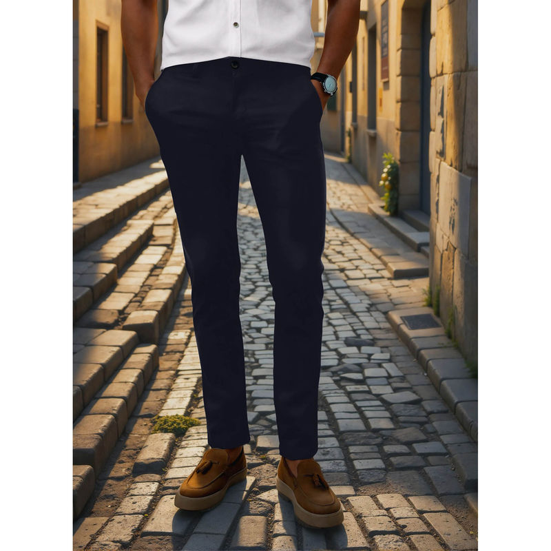 Louis Philippe Men Navy Blue Slim Tapered Fit Textured Flat Front Casual Trousers (36)