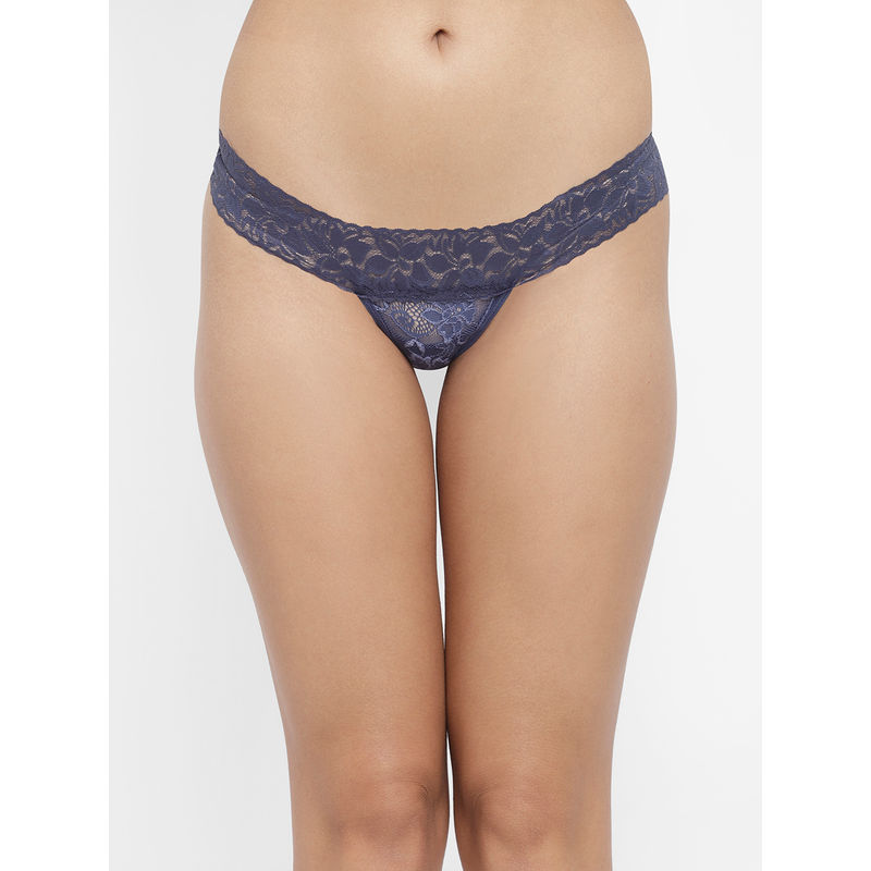N-Gal Women's Cheeky Lace Mid Waist T Back Thong Panty - Blue (S)