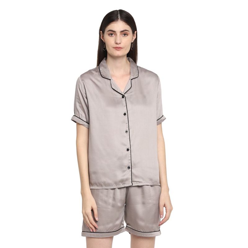 Shopbloom Ultra Soft Light Modal Satin Short Sleeve Women's Shorts Set - Grey (XS)