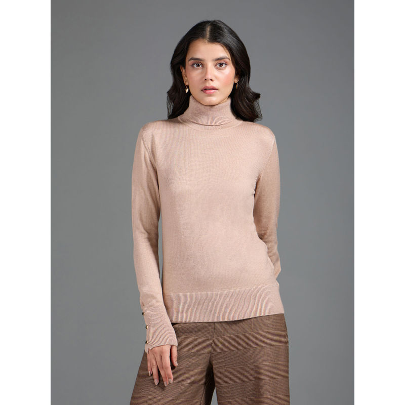 Twenty Dresses by Nykaa Fashion Beige Solid Turtle Neck Buttoned Cuffs Sweater Top (S)
