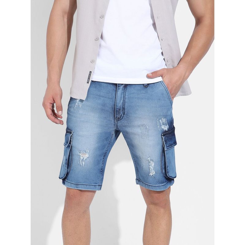 Campus Sutra Men's Blue Distressed Cargo Denim Shorts (32)