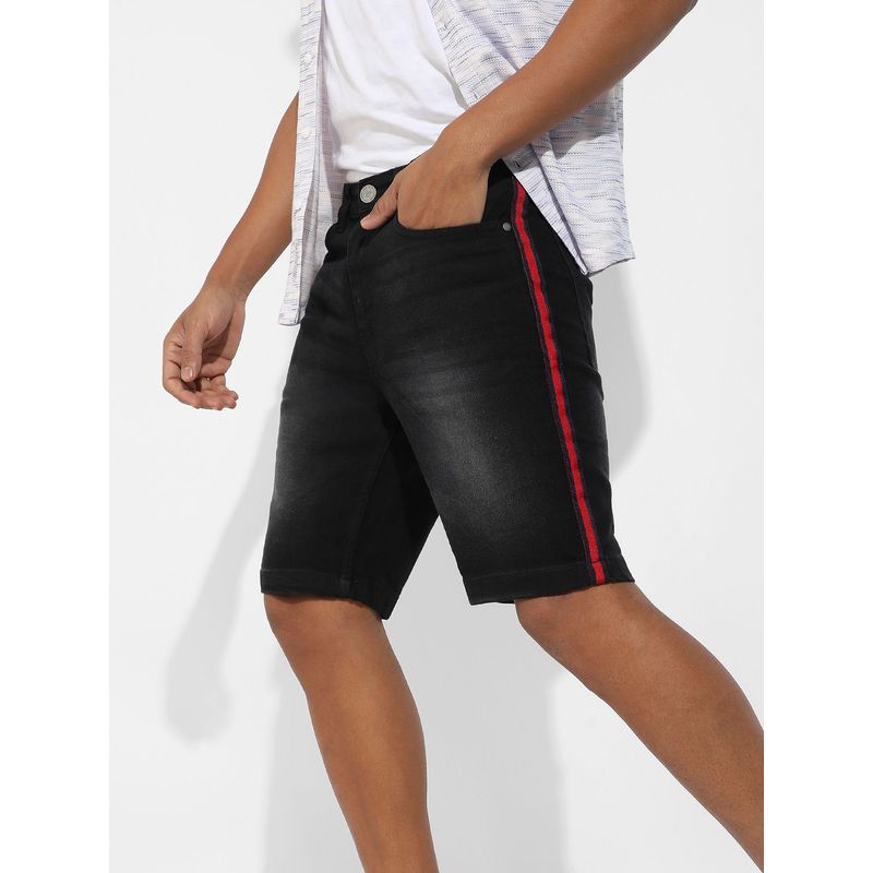 Campus Sutra Men's Black Contrast Side-Striped Denim Shorts (30)