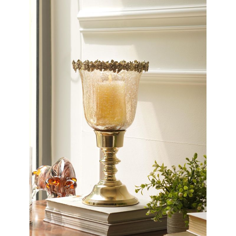 Pure Home + Living Gold Amber Crackled Tall Glass Hurricane Candle Holder (L)
