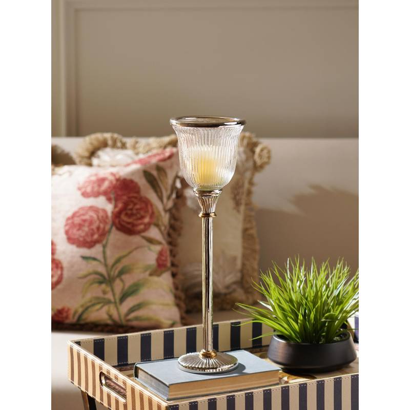 Pure Home + Living Silver Glass Ribbed Hurricane Candle Holder (S)
