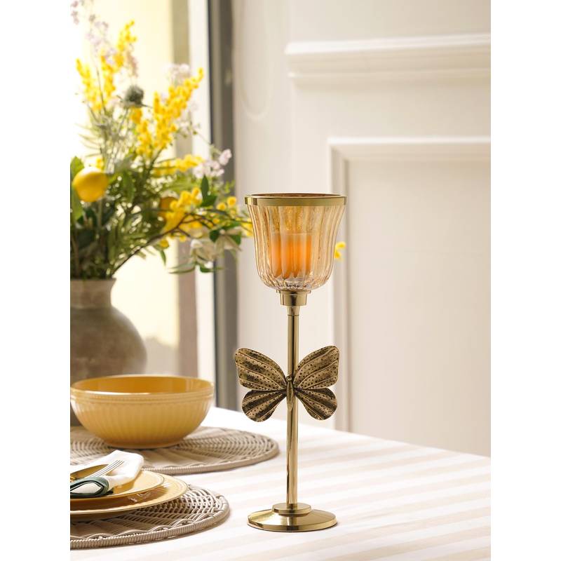 Pure Home + Living Gold & Glass Butterfly Inspired Hurricane Candle Holder (S)