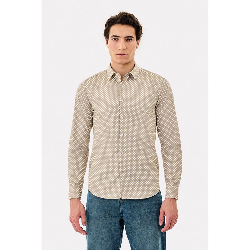 Snitch Beige Polka-Dot Full Sleeves Slim Casual Shirt for Men (XS)