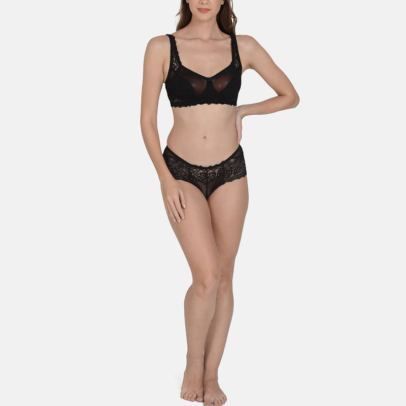 Mod & Shy Lacy Soft Net & Non Padded Lingerie Set Black (36B)