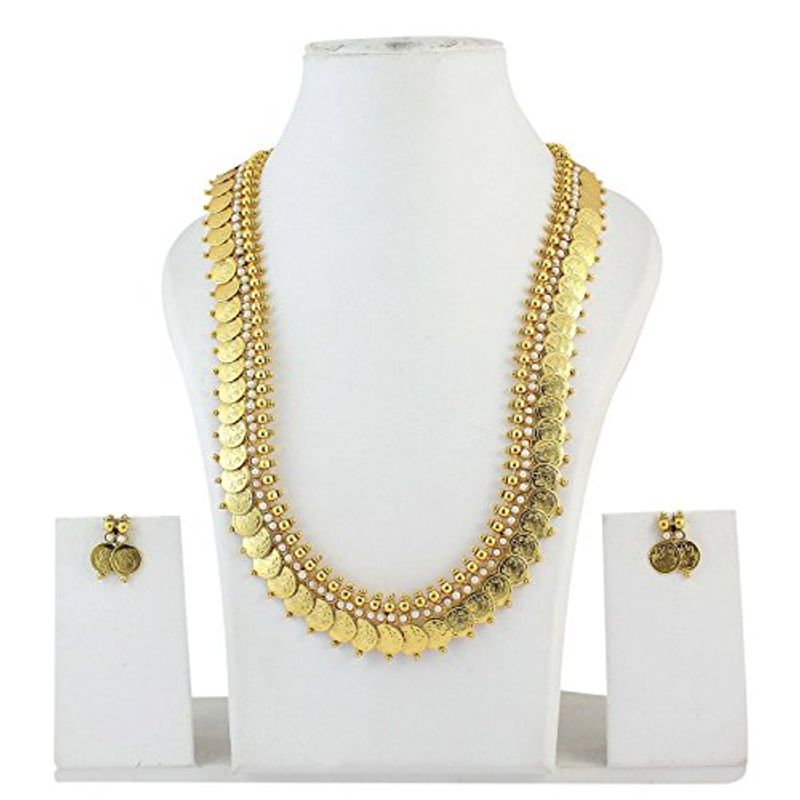 Youbella Long Traditional Maharani Pearl Temple Coin Necklace Set With Earrings For Women: Buy