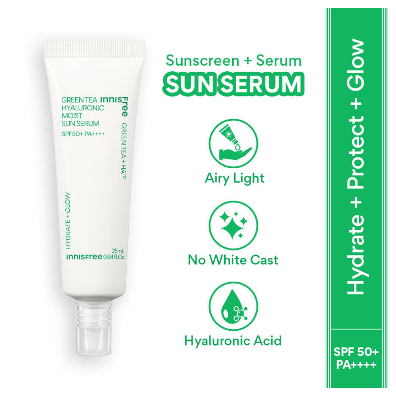 Innisfree Green Tea Hyaluronic Sunscreen Serum SPF 50+ PA++++ No White Cast Lightweight & Hydrating