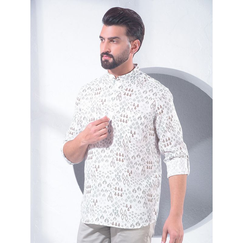 CRIMSOUNE CLUB White Printed Linen Short Kurta (S)