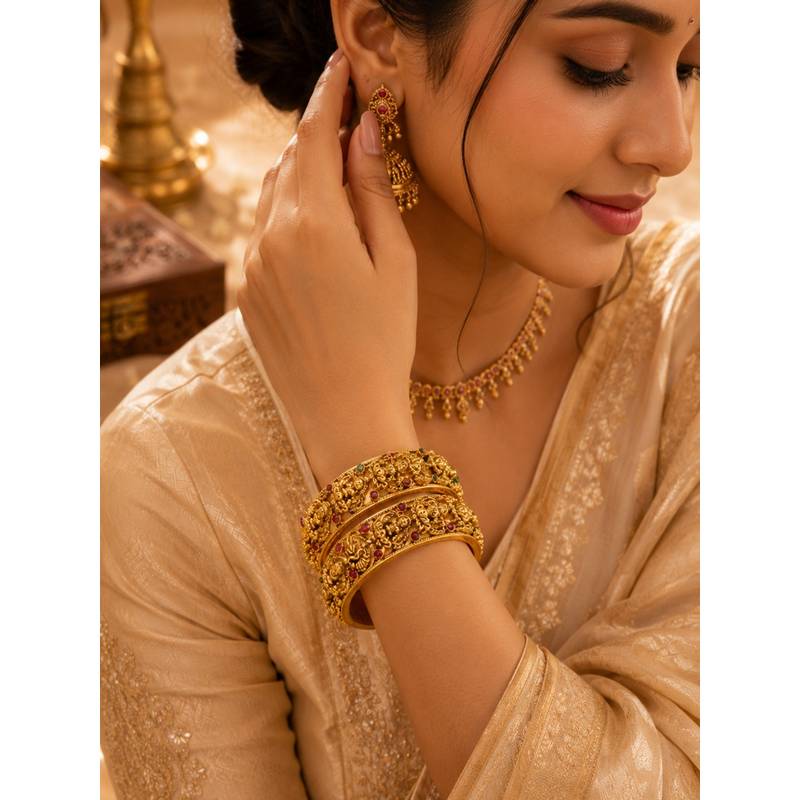 SUGARFRILL Gold Plated Ruby Multi-Color Stone Temple Bangles (Pack of 2) (2.4 cm)