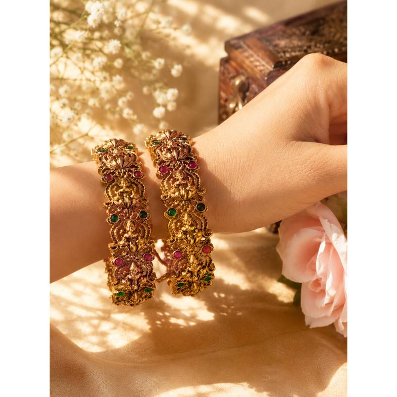 SUGARFRILL Gold Plated Ruby Multi-Color Stone Lakshmi Temple Bangles (Pack of 2) (2.4 cm)