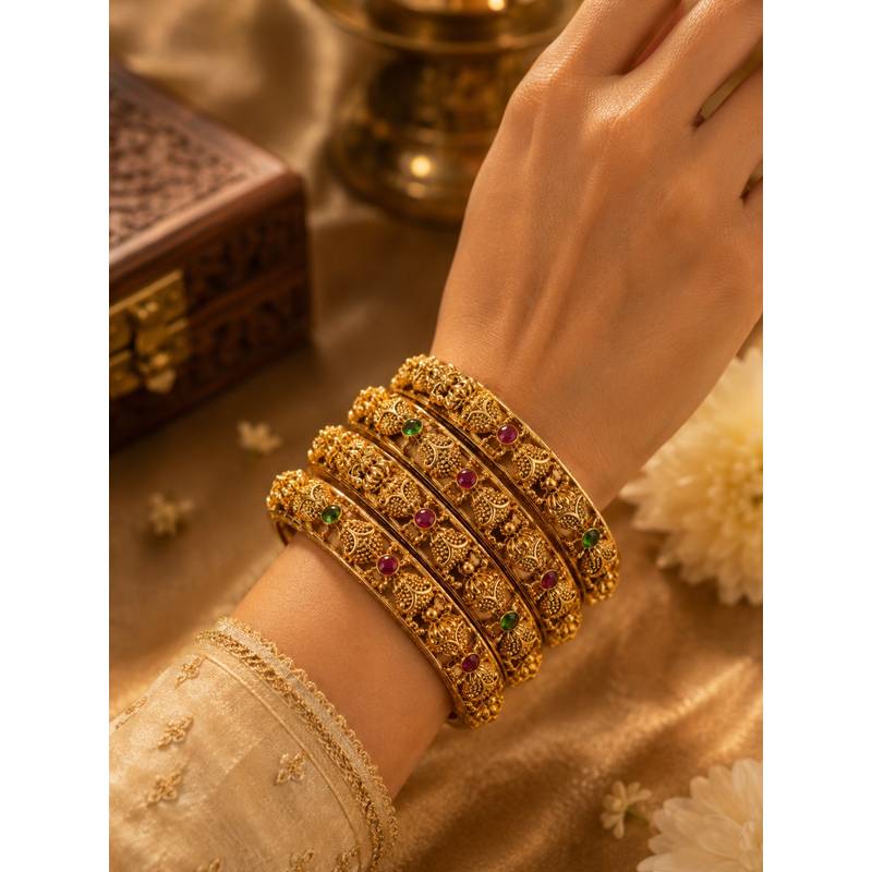 SUGARFRILL Gold Plated Multi-Color Stone Filigree Temple Bangles (Pack of 4) (2.4 cm)