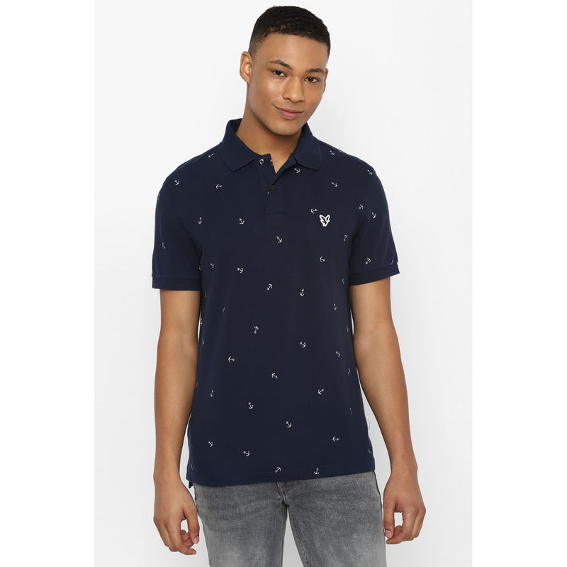 American Eagle Men Blue Flex Pique Printed Polo Shirt (L)