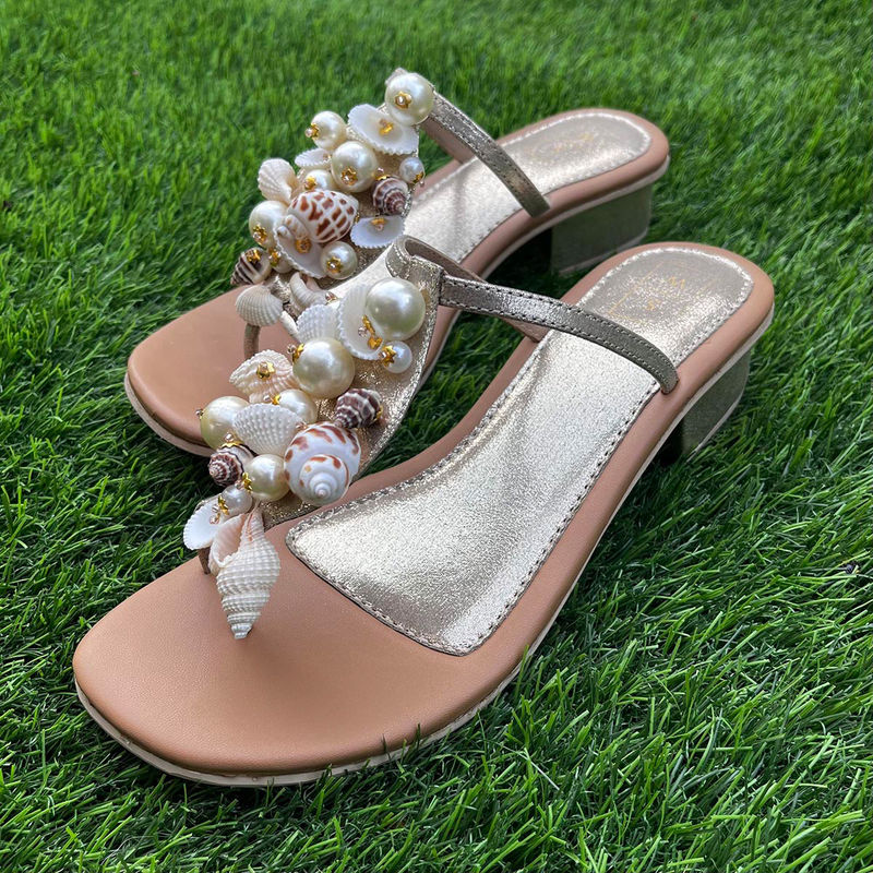 SANDALWALI Yana Gold Embroidered Heel Sandal (EURO 37)