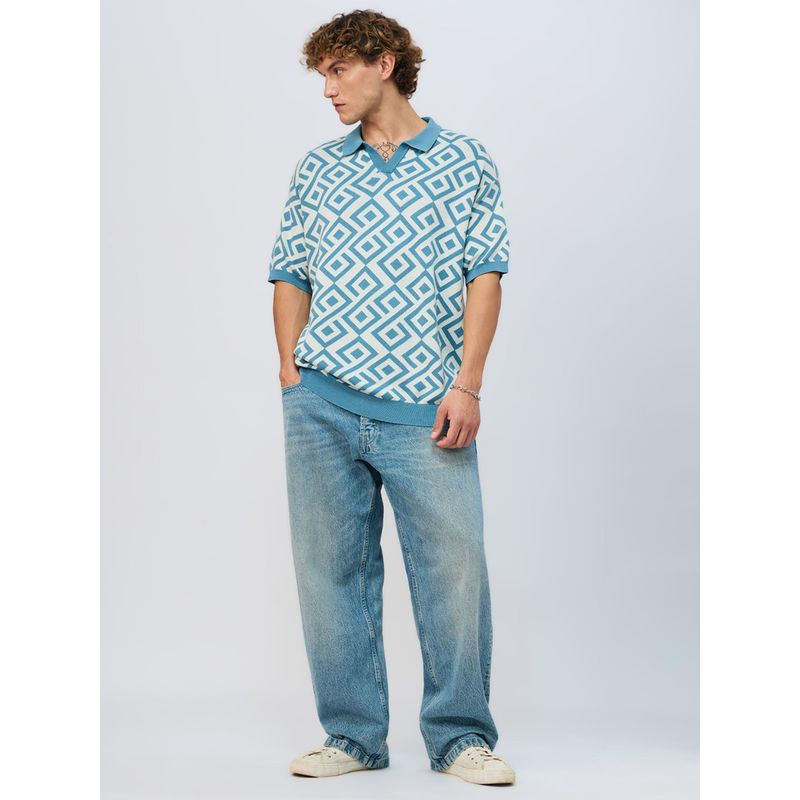 The Souled Store Originals Jacquard: Blue Retro Men Oversized Polo T-Shirt (XS)