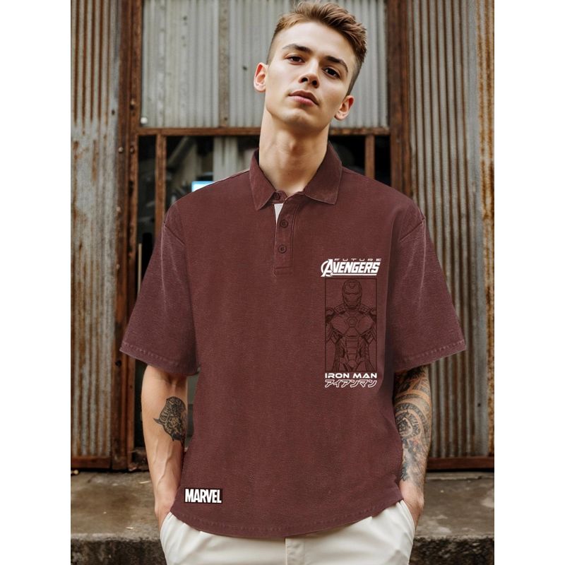 Bewakoof Heavy Duty 1.0 Marvel Men's Brown Iron Man Graphic Printed Oversized Acid Wash Polo T-shirt (L)