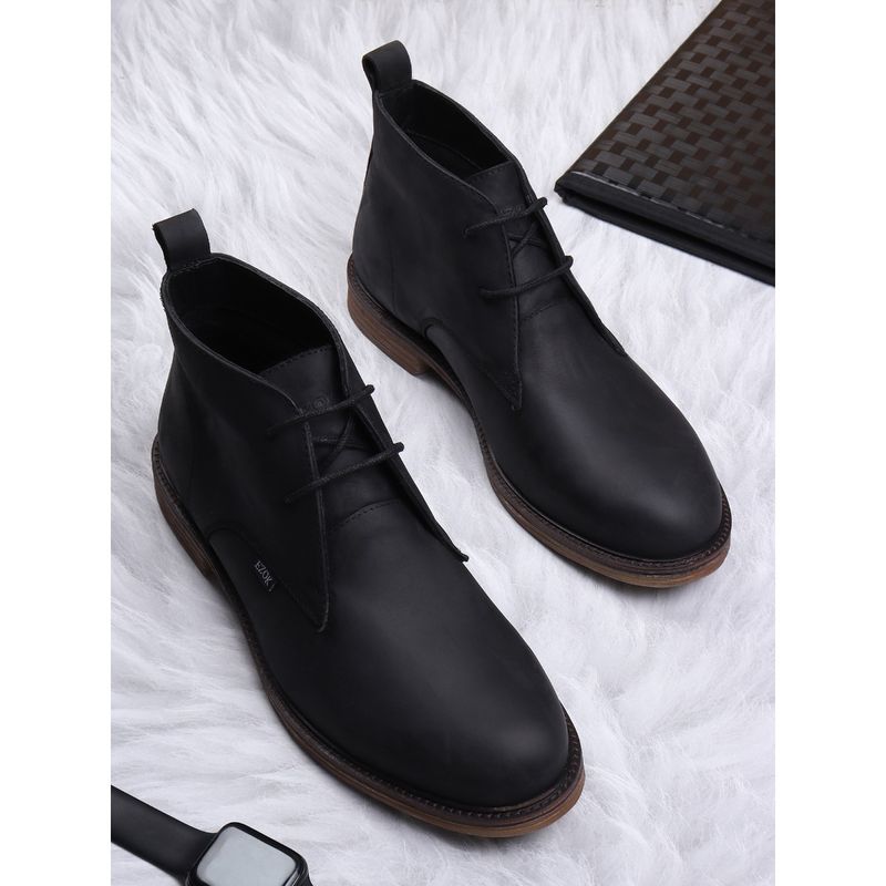 EZOK Men Black Lace Up Solid Pattern Leather Boots (UK 6)
