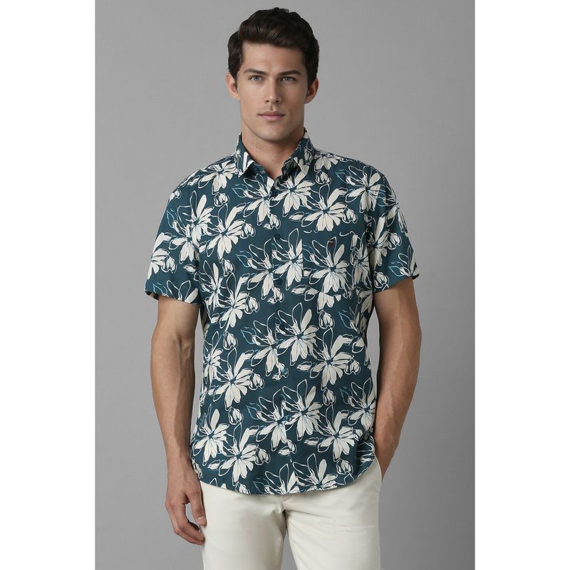 Louis Philippe Men Green Slim Fit Floral Print Half Sleeves Casual Shirt (39)