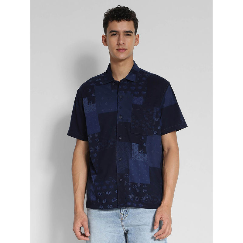 American Eagle Men Navy Printed Poolside Shirt (L)