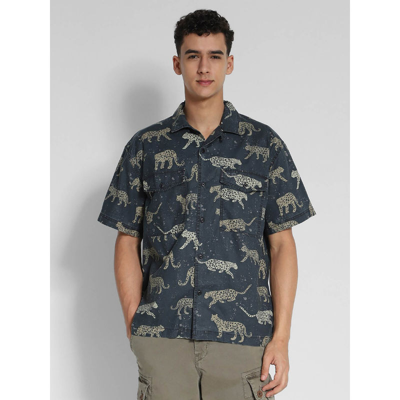 American Eagle Men Grey 24/7 Stretch Printed Poolside Shirt (L)