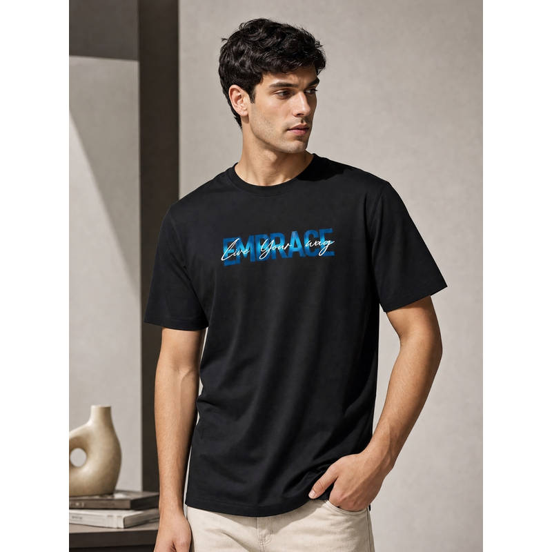 Nobero Black Typography Regular Fit T-Shirt (L)