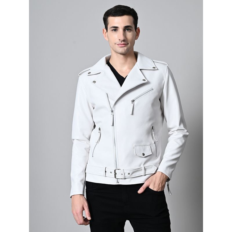TBOJ White Men Lapel Collar Solid Casual Biker Jacket (M)