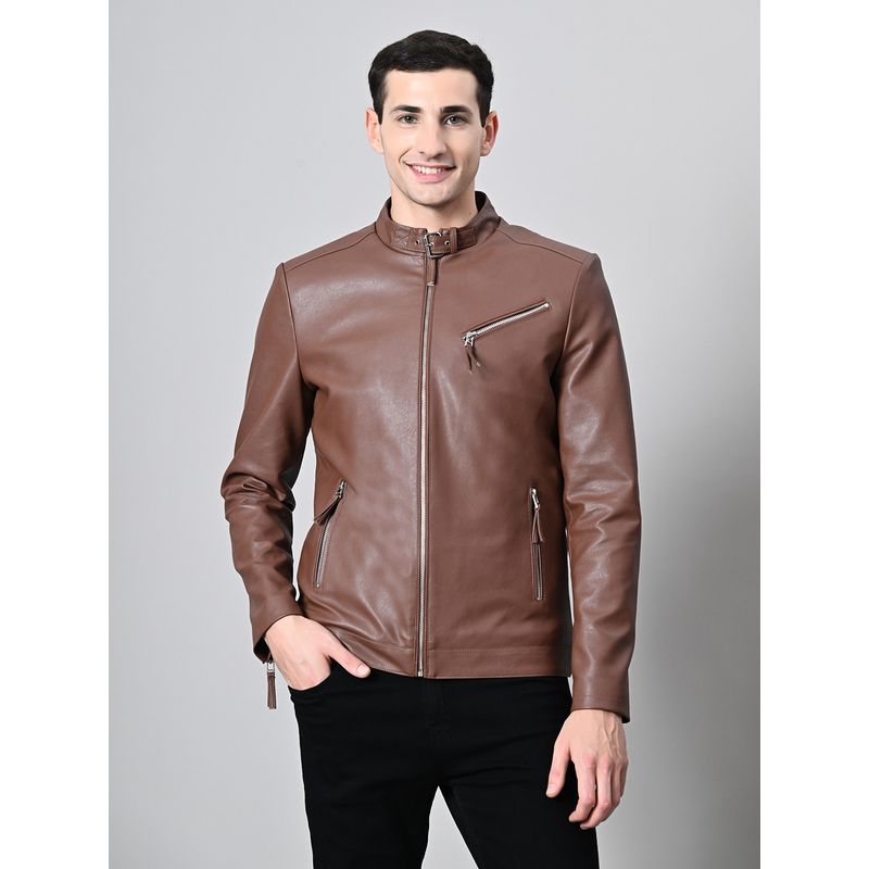 TBOJ Tan Men Mandarin Collar Solid Casual Biker Jacket (XS)