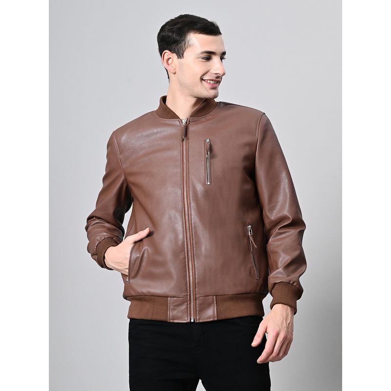TBOJ Tan Men High Neck Solid Casual Biker Jacket (XS)