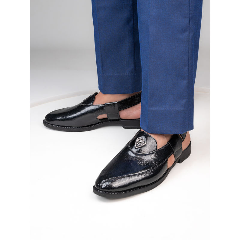 Alberto Torresi Men Black Patent Crinkle Peshawari Sandals (UK 6)